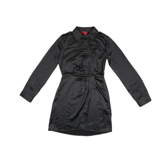 HUGO Wrap Front Long Sleeved Dress In Satin Black Size 2